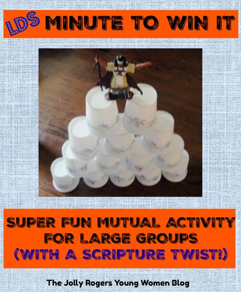 LDS Theme Minute to Win It - games using scriptures from the Bible and the Book of Mormon. Great Combined Activity Ideas for YW YM from the LDS Jolly Rogers YW Blog Book Of Mormon Minute To Win It, Yw Mutual Activity Ideas, Fun Yw Activity Ideas, Lds Ym/yw Combined Activities, Lds Ward Activities, Lds Games For Youth, Book Of Mormon Youth Activities, Young Men Activities Lds Ideas, Book Of Mormon Activity Ideas