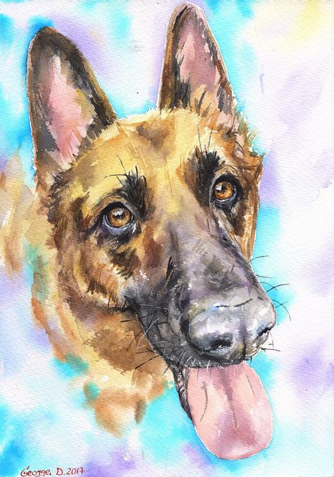 German Shepherd print of the original watercolor painting made German Shepherd Painting, Dogs Painting, Portraits Pop Art, German Shepherd Art, Custom Pet Art, Watercolor Dog, Dog Tattoo, German Shepherd Dog, Dog Tattoos