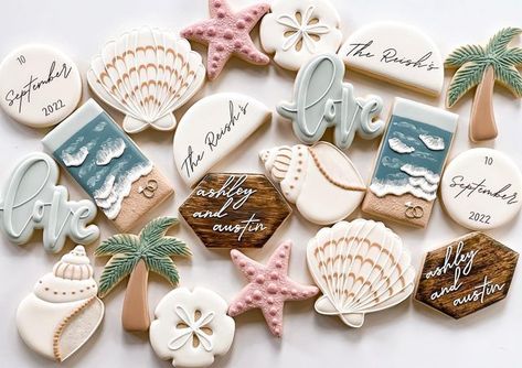 Beach Wedding Cookies Royal Icing, Beach Wedding Cookies Decorated, Beach Bachelorette Cookies, Beach Wedding Cookies, Last Toast On The Coast Cookies, Beach Sugar Cookies, Beach Cookies Decorated, Hawaiian Cookies, Cowgirl Cookies