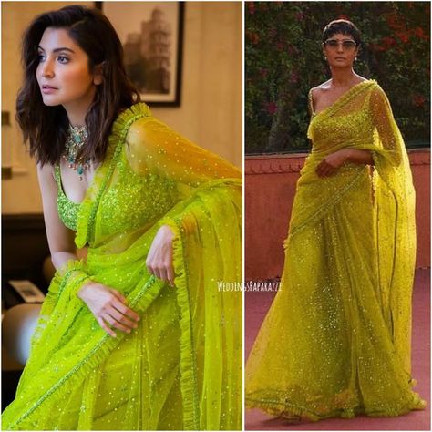 Wedding Style and Fashion on Instagram: "@anushkasharma brightening up our feeds this Diwali in a lime green organza saree by @sabyasachiofficial." Sabyasachi Green Saree, Neon Green Dress Makeup, Lime Green Indian Outfit, Neon Green Dress Outfit, Neon Green Lehenga, Green Indian Outfit, Lime Green Saree, Lime Green Lehenga, Green Organza Saree