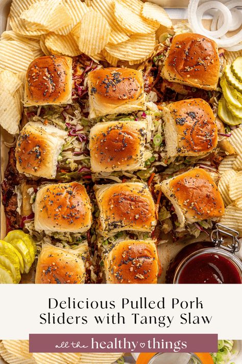 These delicious Pulled Pork Sliders are made with saucy BBQ pulled pork, melty smoked Gouda cheese, and a tangy coleslaw on toasted sweet Hawaiian rolls. These sliders are so easy to make and perfect for everything from game days to a fun weeknight meals! Pork Sliders Recipes, Tangy Coleslaw, Sweet Hawaiian Rolls, Bbq Sliders, Bbq Pork Sandwiches, Slow Cooker Baked Beans, Slow Cooked Pulled Pork, Pulled Pork Sliders, Smoked Gouda Cheese