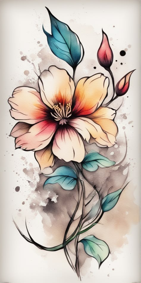 A watercolor-style tattoo design of a vibrant colored flower, vividly painted on a blank canvas. The artistic blend of colors and delicate details gives the flower a lifelike appearance. Flower Drawings With Color, Floral Design Drawing, Watercolor Bible, Flor Tattoo, Pencil Drawings Of Flowers, Mughal Art Paintings, Scrapbook Flowers, Drawn Flowers, Vibrant Watercolor