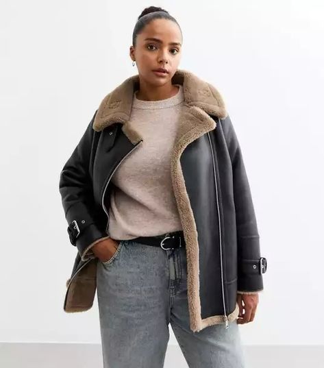 Plus Size Womens Clothing | Clothes For Plus Size | New Look Shearling Aviator Jacket, Faux Shearling Jacket, Flattering Jeans, Aviator Jacket, Glamour Style, Short Playsuit, Aviator Jackets, Plus Size Womens, Sports Blazer