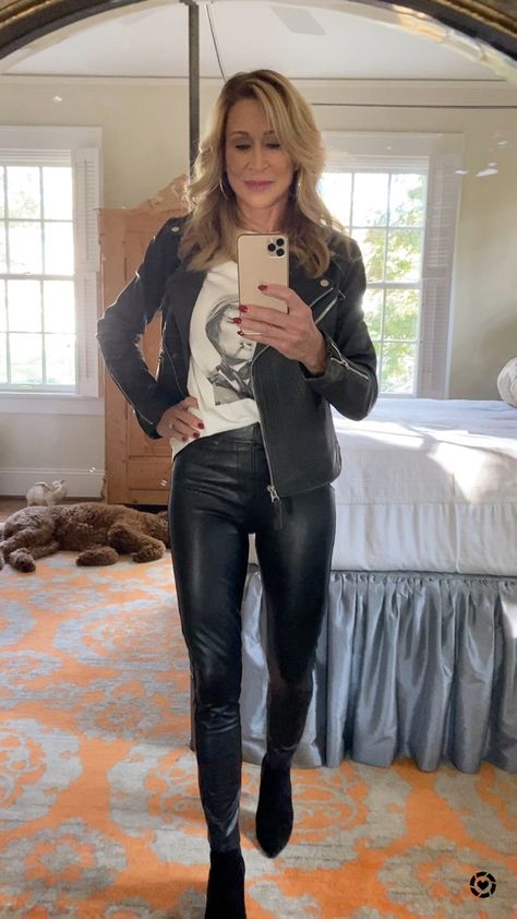 I’m Wearing Spanx leather like pants, an Anine Bing graphic tee, Leather Moto jacket, and Rag and Bone suede ankle booties. Fall outfit, fall fashion, fall outfit idea, casual look, faux leather pants, leather jacket Faux Leather Outfits, Leather Dress Women, Leather Pants Outfit, Leather Pants Women, Shiny Leggings, Leather Wear, Anine Bing, Rag And Bone, Faux Leather Pants