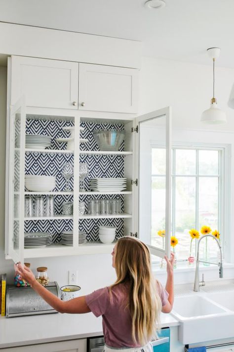 How to Remove Wallpaper | Interior Design Styles and Color Schemes for Home Decorating | HGTV Decorating Glass Cabinets In Kitchen, Style Glass Kitchen Cabinets, Low Cost Kitchen Cabinets, Wallpaper Cabinets, Kitchen Cabinets Upgrade, Inside Kitchen Cabinets, Tall Kitchen Cabinets, Update Kitchen Cabinets, Kitchen Cabinets Pictures