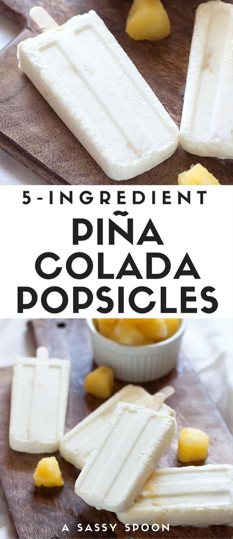 Pretend like it's Summer all year long with these easy to make creamy piña colada popsicles made with just 5 ingredients!  via @asassyspoon Pina Colada Popsicles, Healthy Summer Treats, Coconut Popsicles, Boozy Popsicles, Vegan Drinks, Homemade Popsicles, Popsicle Recipes, Pineapple Coconut, 2 Ingredient