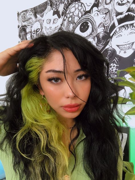 Green Hair Streaks, Dye Hairstyles, Purple And Green Hair, Underdye Hair, Black And Green Hair, Neon Green Hair, Peekaboo Hair Colors, Green Hair Dye, Magic Runes