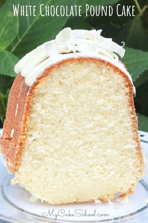 Delicious, moist White Chocolate Pound Cake! Cake Recipes White Chocolate, Easter Pound Cake Recipes, White Bundt Cake, White Pound Cake Recipe, Birthday Cake Pound Cake, White Chocolate Bundt Cake, White Lily Pound Cake Recipes, White Chocolate Chip Pound Cake, Moist Vanilla Pound Cake