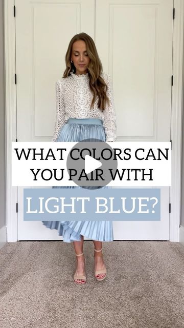 Light Blue Outfit Color Combos, Periwinkle Color Combinations Outfit, Baby Blue Matching Colors, Powder Blue Outfit Ideas, Cream And Light Blue Outfit, What Colors Go With Light Blue, How To Style Light Blue Pants, Powder Blue Fashion, Light Blue Work Pants Outfit