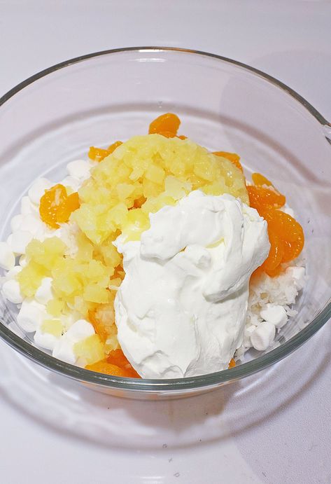 Mandarin Orange And Pineapple Salad, Mandarin Pineapple Salad, 5 Cup Salad Sour Cream, Cabbage Mandarin Orange Salad, Mandarin Orange Salad With Sour Cream, Pineapple Mandarin Orange Salad, Orange Pineapple Jello Salad, Manderine Orange And Pineapple Salad, Pineapple Marshmallow Dessert