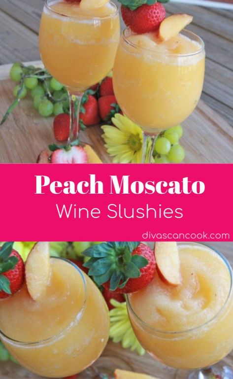 Moscato Peach Wine Slushies - Trending Food Breakfast Peach, Peach Moscato, How To Make Wine, Wine Slushies, Peach Wine, Moscato Wine, Wine Slushie, Alcholic Drinks, Peach Recipes