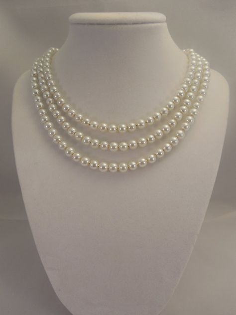 Three Strand Classic Style 6mm White Glass Pearl by Oshiny Wedding Core, Three Strand Pearl Necklace, The Crown Series, Pearl Necklace With Gold, Three Strand Necklace, Pearl Jewels, Optical Eyewear, Gift Sister, Fancy Gifts