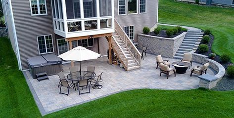 Fire Pit Pool, Walkout Basement Patio, Backyard Hill, Basement Patio, Patio Under Decks, Landscaping Patio, Hardscape Backyard, New Patio Ideas, Stone Patios