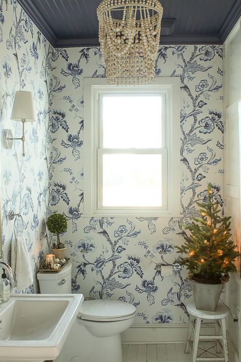 Blue and white christmas decor 1 Farmhouse Wallpaper Bathroom Blue, Blue Floral Bathroom Wallpaper, Bathroom Wallpaper Blue And White, Blue And White China Bathroom, Blue And White Wallpaper Living Room, Bathroom Wallpaper Half Baths, Bathroom Tile And Wallpaper Combinations, Small Bathroom Wallpaper Ideas Farmhouse, Blue Floral Bathroom