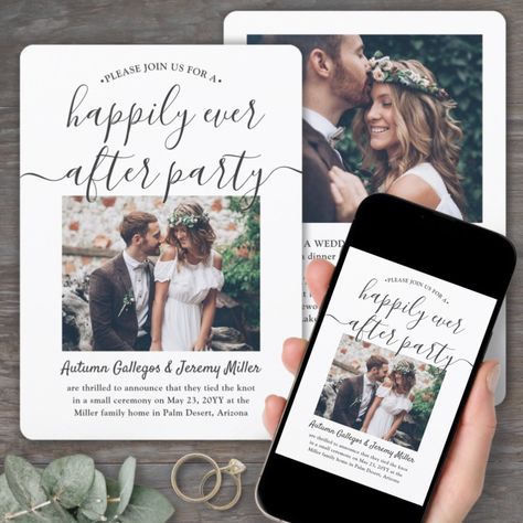 2 Photo Happily Ever After Party Elopement Wedding Invitation Post Elopement Party, Sequel Wedding, Collage Invitation, Reception Only Invitations, Simple Wedding Reception, Elopement Party, Elopement Invitation, Tie The Knot Wedding, Renewal Ceremony