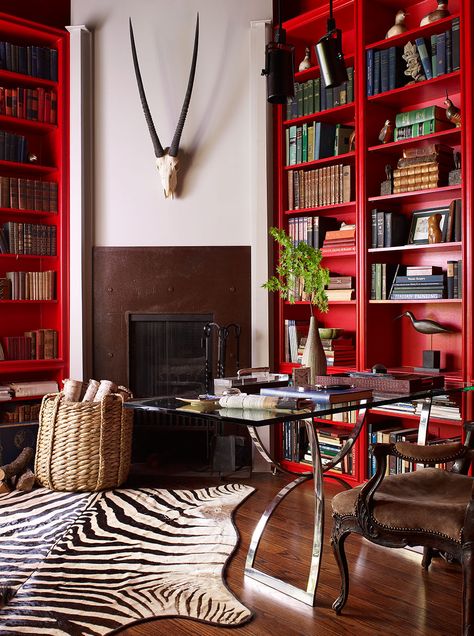 Office Space(s) | From the September/October 2009 Issue of D Home Red Bookshelf, Red Interior Design, Zebra Rug, Red Office, Paint Trends, Red Decor, Red Rooms, Luxe Interiors, Red Walls