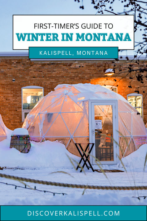 Snowy, well-lit igloo in front of a brick building covered in snow. Montana Winter Vacation, Whitefish Montana Winter, Lewistown Montana, Paradise Valley Montana, Montana Travel Guide, Montana Winter, Visit Montana, Kalispell Montana, Montana Travel