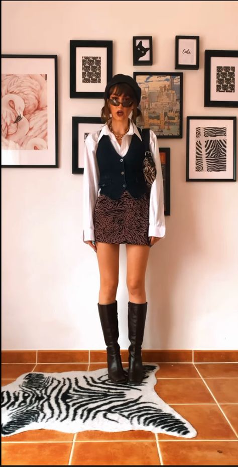 Waistcoat Winter Outfit Women, Waistcoat And Mini Skirt Outfit, 60s Leather Jacket Outfit, Bar Server Outfit, Vest Over Button Up Outfit, Vest Mini Skirt Outfit, Sopranos Outfits Women, Tv Show Outfit Inspiration, Quirky Professional Outfits