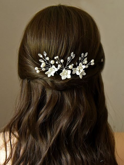 White  Collar  Plastic  Hair Pin Embellished   Wedding & Event Vintage Bridal Hair Accessories, Rhinestone Wedding Hair Accessories, Floral Hair Pins, Bride Hair Accessories, Floral Headpiece, Wedding Hair Pins, Flower Hair Pin, Hair Comb Wedding, Bridal Hair Pins