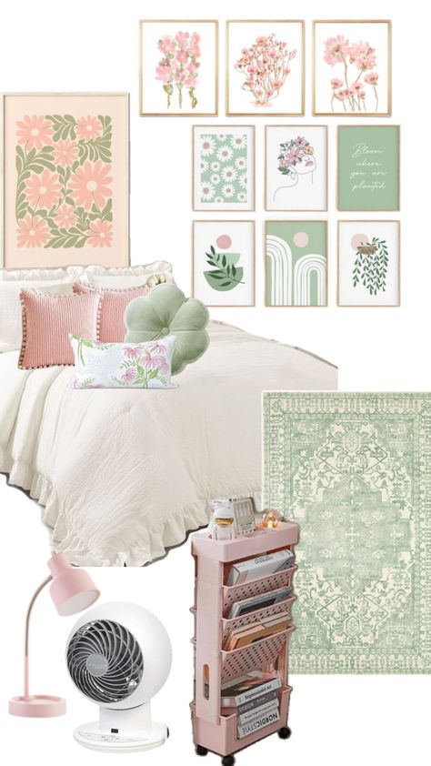 Gray Green And Pink Bedroom, Pink White Gold Green Bedroom, Pink And Sage Dorm Room, Pink Green And White Dorm Room, Sage Green And Blush Dorm Room, Room Decor Green And Pink, Sage And Pink Room Aesthetic, Girls Pink And Green Bedroom Ideas, Sage And Pink Bedroom Ideas