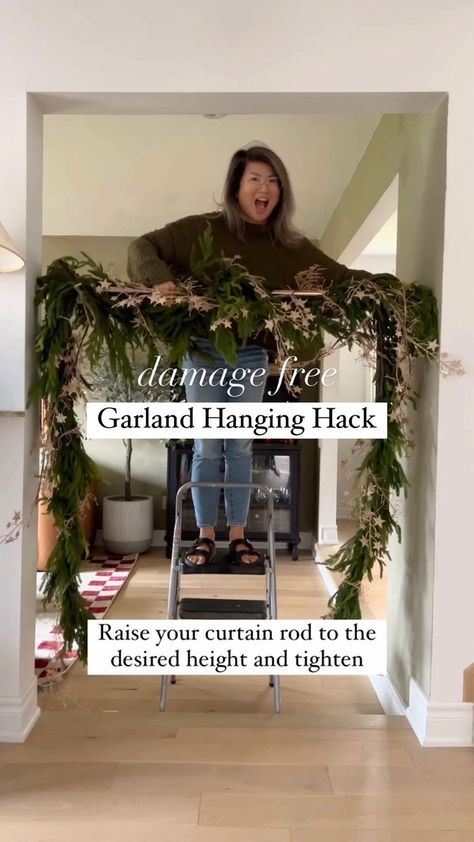 Christmas Decorating Hacks, Rental Friendly, Norfolk Pine, Shower Curtain Rod, Christmas Shower, Christmas Shower Curtains, Pine Garland, Christmas Hacks, Easter Eggs Diy