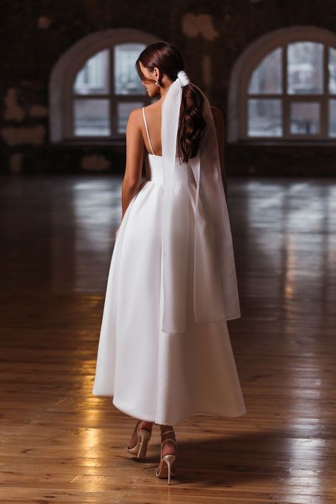 Satin Wedding Dress Tea Length, A Line Ankle Length Wedding Dress, Short Minimalist Wedding Dress, Simple And Unique Wedding Dress, Ankle Length Wedding Dress Fitted, Shin Length Wedding Dress, Ankle Wedding Dress Length, Tea Length Wedding Dress With Veil, Midi Wedding Dress With Veil