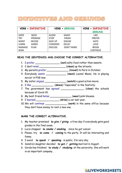 Verb Infinitive And Gerund, Gerunds Worksheet, To Infinitive, Basic Language, Best Action Movies, Play Soccer, Second Language, School Subjects, Online Workouts