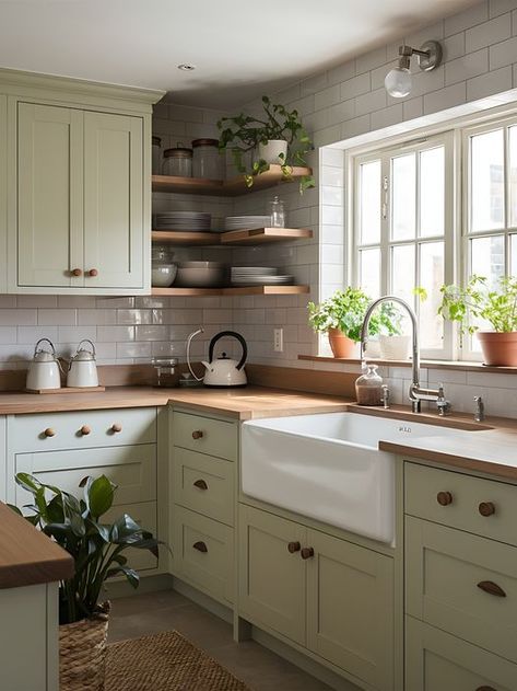 Bright Kitchen Aesthetic, Cabinets Makeover, Sage Green Kitchen, Kitchen Design Diy, Green Kitchen Cabinets, Fall Kitchen Decor, Kitchen Aesthetic, Kitchen Organisation, Kitchen Cabinets Makeover