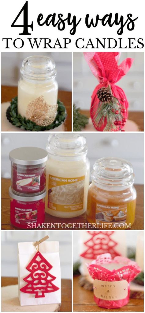 Our 4 easy ways to wrap candles takes the stress out of holiday gift giving! These pretty gifts are perfect for teachers, neighbors, gift exchanges and party favors! Gift Wrap A Candle, How To Wrap Candles For Christmas, How To Gift Wrap A Candle, Yankee Candle Gift Ideas, Wrapping Candles For Christmas Gifts, How To Wrap A Candle For Christmas Gift, Small Candle Gift Ideas, Gift Wrap Candle, How To Wrap Candles Gift Packaging Ideas