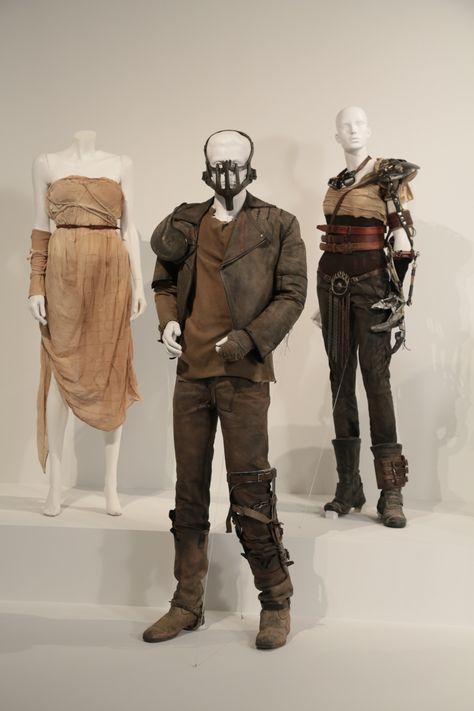 Mad Max: Fury Road costumes by Jenny Beavan, Academy Award nominee for Costume Design. These costumes can be seen in the 24th Annual "Art of Motion Picture Costume Design" exhibition, FIDM Museum, Los Angeles. The exhibition is free to the public, Tuesday, February 9 through Saturday, April 30, 2016, 10:00 a.m. - 5:00 p.m. ..(L to R) Costumes worn by actors: Courtney Eaton as Cheedo the Fragile, Tom Hardy as Max Rockatansky, Charlize Theron as Imperat Furiosa.(Photo: Alex J. Berliner/ABImages) Mad Max Fury Road Costumes, Furiosa Costume, Mad Max Cosplay, Apocalyptic Movies, Mad Max Costume, Max Rockatansky, Morgana Le Fay, Imperator Furiosa, Marla Singer