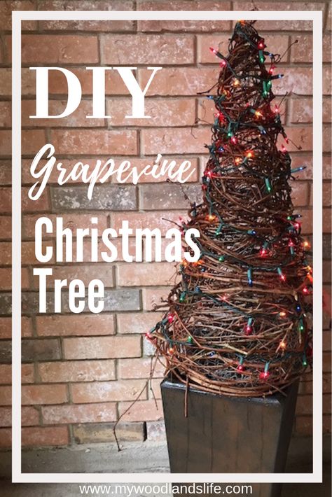 DIY Outdoor Grapevine Christmas Tree Grapevine Topiary Diy, Grape Vine Trees Christmas, Grapevine Craft Ideas, Grapevine Trees Diy How To Make, How To Make A Grapevine Tree, Grapevine Diy Ideas, Grapevine Crafts Projects, Grapevine Trees Front Porch, Diy Grapevine Tree