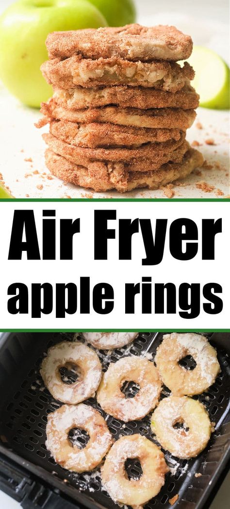 Air fryer apples are a delicious fresh fruit dessert or snack. Cinnamon and sugar dusted rings or slices that turn out tender and delicious. #airfryerapples #ninjafoodiapples #bakedapples #applerings Air Fryer Apple Cinnamon Slices, Apple Slices Air Fryer, Air Fry Apple Rings, Fried Apple Rings Air Fryer, Air Fryer Apple Donut Recipes, Apple Crisps In Air Fryer, Apple Ring Donuts Recipe Air Fryer, Air Fried Cinnamon Apple Rings, Air Fried Apple Rings