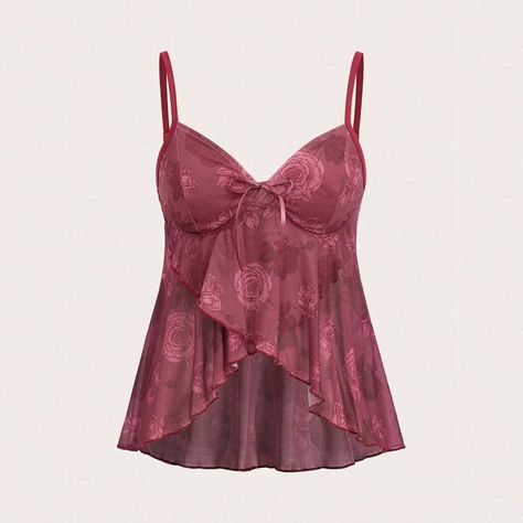 ROMWE/SHEIN Women's Irregular Hem Rose Pattern Cami Top in colour rose brown (super cute for the summer) Shameless Dr, Fame Clothes, Y2k Cami Top, Y2k Cami, Devon Aoki, Cami Shirt, Flowy Shirt, Y2k Summer, Spring Fits