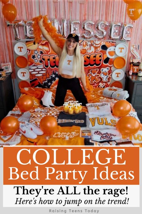 Have you heard? College "Bed Parties" are ALL the rage! Here's everything you need to know! From what a "College Bed Party" is, why so many college-bound kids are doing it and how to throw the best party in town! #college #collegelife #collegebedparty #collegebedpartyideas #collegebound #highschoolseniors #parentinghighschoolers Graduation Bed Party, Bed College Party, College Acceptance Bed Party, College Commitment Party, College Bed Announcement, College Decision Bed Decorating, College Acceptance Bed Decorating, College Choice Reveal Ideas, Bed Parties College