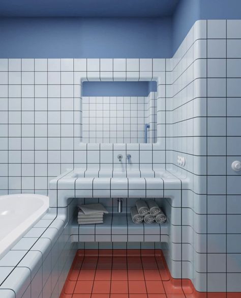 Monochromatic Bathroom, Mosaic Bathroom Tile, Blue Bathroom Tile, New House Bathroom, New Bathroom Ideas, White Bathroom Tiles, House Bathrooms, Architecture Bathroom, Retro Bathrooms