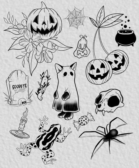 Halloween Linework Tattoo, Spooky Season Tattoo Flash, Flash Tattoo Halloween, Halloween Tattoo Flash Art, Halloween Flash Art, Cute Halloween Flash, Halloween Cat Tattoo, Neotraditional Tattoo Flash Art, Halloween Flash Tattoo