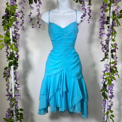 Vintage Y2K blue ruffle dress  Gorgeous sky blue... - Depop Cyan Dress, Blue Ruffle Dress, Beaded Strap, Sky Blue Color, Dress Aesthetic, Ruffle Dress, Gorgeous Dresses, Vintage Y2k, Sky Blue