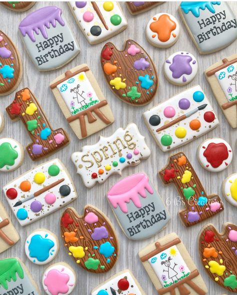 Piped Cookies, Painting Birthday Party, Artist Birthday, Paint Cookies, Painting Birthday, Decorating Cookies, Art Birthday Party, Sugar Cookie Designs, Pretty Cookies