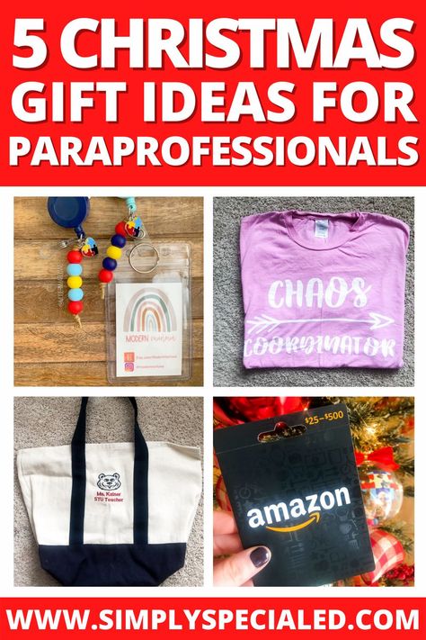 Our paraprofessionals work so hard, and the holidays are a great time to show how much we appreciate them! What better way to show your appreciation than with a thoughtful gift? I'm sharing 5 ideas for gifts that you could give your paraprofessional that they'll be sure to love! Some of these gift ideas include an Amazon gift card, a team t-shirt, self care kit, and more! Paraprofessional Christmas Gifts From Teacher, Paraprofessional Gift Ideas, Gift Ideas For Paraprofessionals, Gifts For Paraprofessionals From Teacher, Paraeducator Gifts, Gifts For Paraprofessionals, Paraprofessional Appreciation Gifts, Paraprofessional Appreciation, Teacher Assistant Gifts