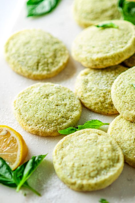 🍋🌿 These pillowy, melt-in-your-mouth lemon basil butter cookies blend sweet and savory into one delightful bite! Tangy lemon adds a zesty twist while a little chopped basil sprinkles a hint of aromatic, refreshing herb flavor. The perfect treat for any time of day, whether it's a post-dinner dessert or a mid-afternoon tea break 🍪! From aberdeenskitchen.com #lemon #basil #butter #sugar #cookies #soft #chewy #tea #baking #afternoon #dessert #teatime Desserts With Herbs, Savory Cookies Recipes, Lemon Basil Butter, Sugar Cookies Soft, Savory Cookies, Food Esthetics, Basil Butter, Cottage Food, Sun Dried Tomato Sauce