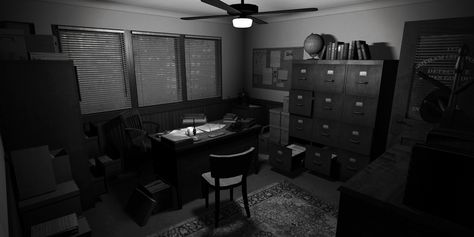 Forgotten Futures — Detectives Office Detective Office, Fallout 4 Settlement Ideas, Eye Movie, Noir Detective, Detective Aesthetic, Private Detective, Her Office, Detective Agency, Private Investigator