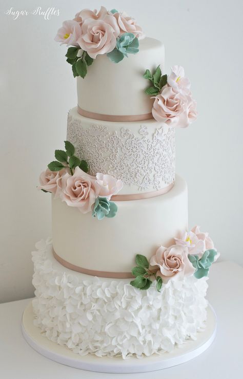 Ruffle Cake Tutorial, Vintage Pasta, Cake Structure, Ruffle Wedding Cake, Wedding Cakes Elegant, Square Wedding Cakes, Wedding Cake Roses, Lace Wedding Cake, Pink Wedding Cake