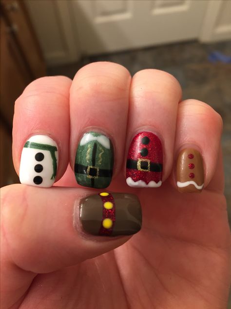 Festive Gel Nail Designs, The Grinch Nail Designs, Gingerbread Nail Art Designs, Christmas Nails Short For Kids, Cartoon Christmas Nails, Christmas Gingerbread Man Nails, Christmas Nails Men, Christmas Nails Elf, Elf Christmas Nails