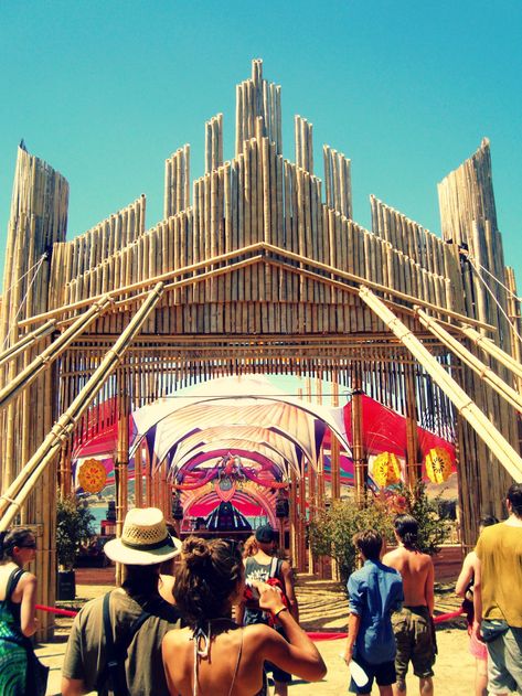 Bamboo Stage Design, Music Festival Entrance, Festival Entrance, Boom Festival, Entrance Arch, Outdoor Stage, Festival Art, Bamboo Structure, Bamboo Architecture