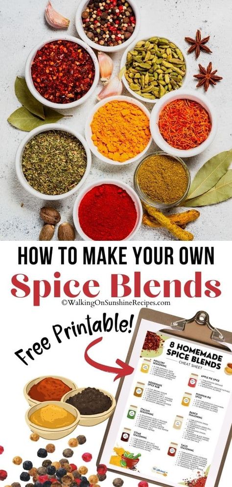 Prepare to whip up the most tantalizing, delicious dishes when you learn how to make your own spice blends to use in your favorite recipes. Free Printable Cheat Sheet with 8 recipes! How To Make Spices, How To Make Your Own Spices, How To Make All Spice Recipe, Spice Mixes Make Your Own, Spice Mixes Recipes Gift, Spicebag Recipe Chart, Spice Blends Chart, Chicken Spice Blend, Apple Pie Spice Recipe