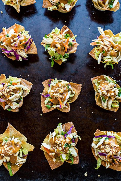 Thai Chicken Salad Wonton Cups with Peanut Sauce Dressing Chicken Salad Wonton Cups, Salad Wonton Cups, Balsamic Roasted Mushrooms, Chicken Salad Wontons, Peanut Sauce Dressing, Thai Chicken Salad, Crispy Wonton, Won Ton, Wonton Cups