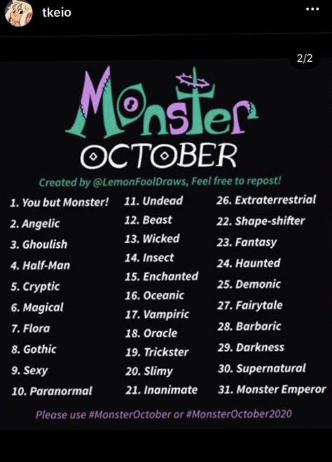 Halloween Art Prompts, October Drawing Promts, Spooktober Art Challenge, Fantasy Drawing Prompts, October Art Challenge 2024, Inktober 2024 List, Monster Drawing Challenge, Tober Challenge, Halloween Drawing Prompts