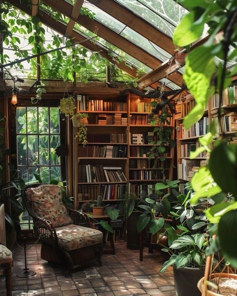 Outdoor Book Library, Library With Plants, Backyard Library, Conservatory Library, Library Greenhouse, Outside Library, Library Sunroom, Sunroom Library, Fantastical Architecture