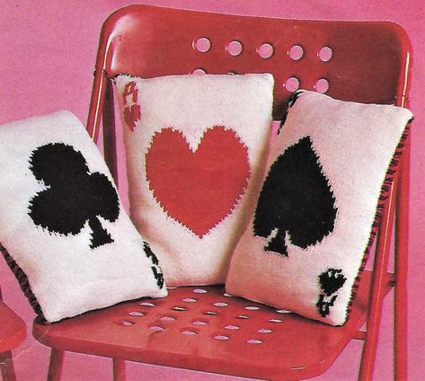 Includes instructions to make Playing Card Cushions / Pillows with Ace Hearts, Clubs, Diamonds ( not pictured ) and Spades Size 21 x 30cm ( 8 x 12 ins ) Worked in DK ( 8 ply ) Indie Rooms, Trend Prediction, Studio Minimalist, Card House, Novelty Decor, 2024 Moodboard, Novelty Pillows, Girl Apartment, Ace Card