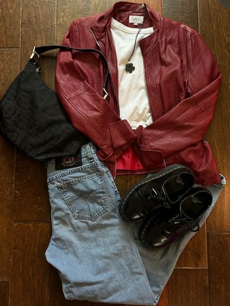 How To Style A Red Blazer, Autumn Outfits Red Leather Jacket, Red Leather Jacket For Winter, Dark Red Leather Jacket, Red Vintage Leather Jacket For Streetwear, Dark Red Leather Jacket Aesthetic, Red Leather Jacket Outfit, Autumn Fits, Downtown Outfits